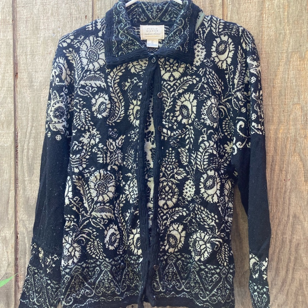 Field Manor 100% Wool Cardigan w/ Botanic Print in Mint & Black
